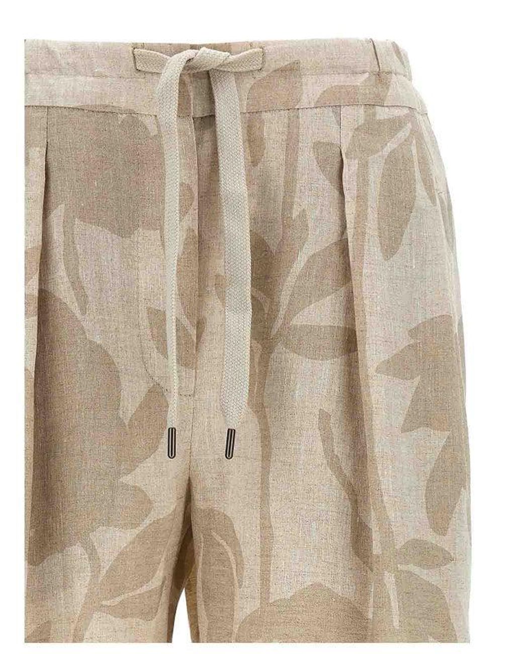 Brunello Cucinelli Naturale Linen Relaxed Floral Trousers