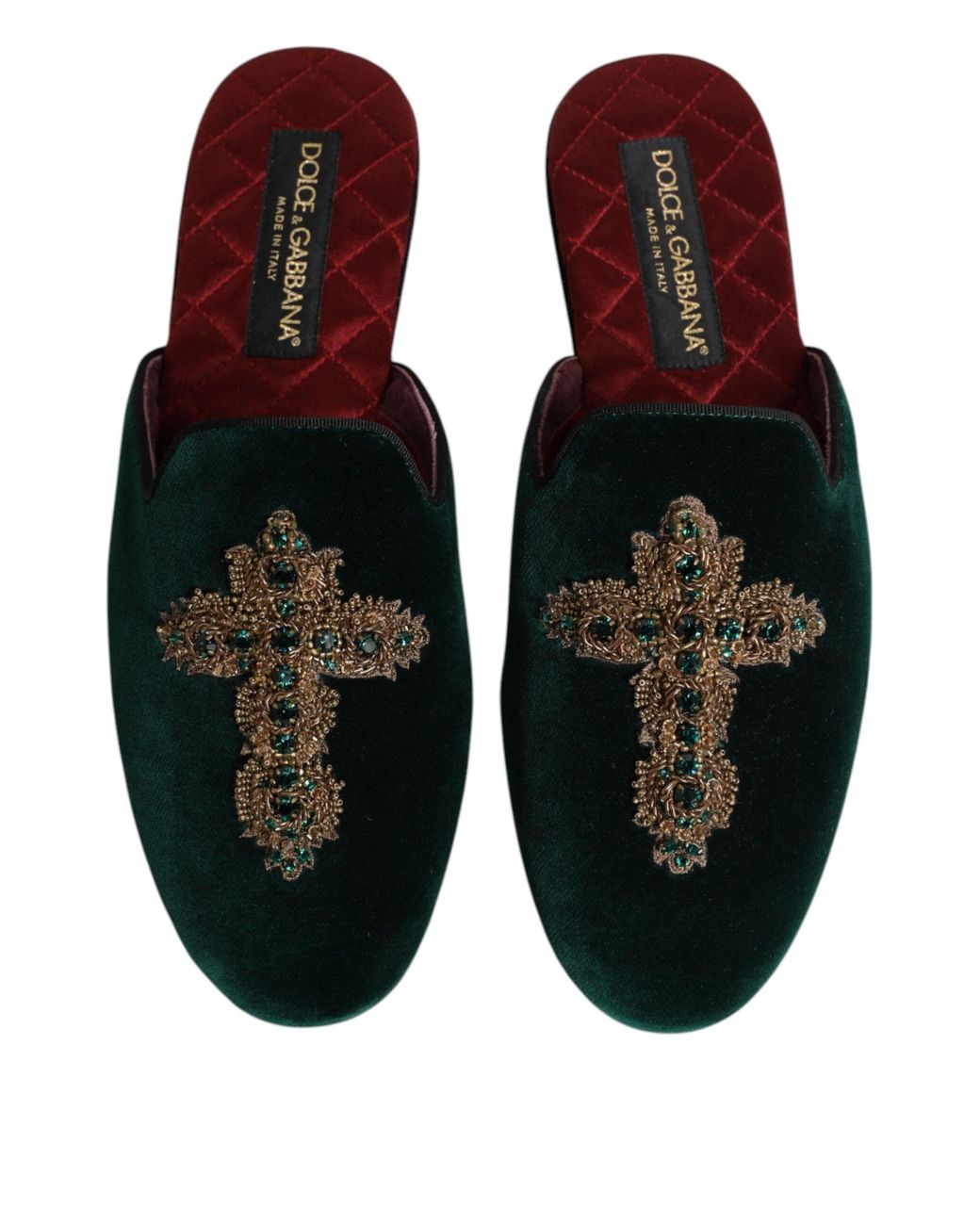 Dolce & Gabbana Green Velvet Cross Embellished Slippers Shoes for men