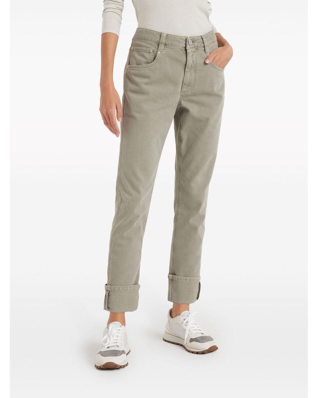 Brunello Cucinelli Natural Safari Cotton Straight Trousers With Cuffs