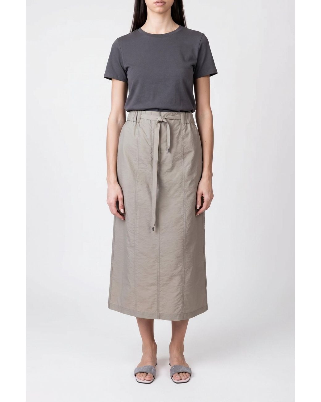 Brunello Cucinelli Green Oliva Cotton Blend Midi Skirt With Tie