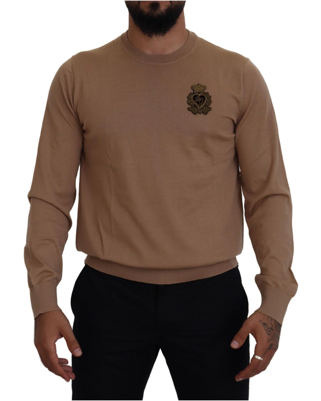 Dolce & Gabbana Brown Crew Neck Sweater Emblem for men
