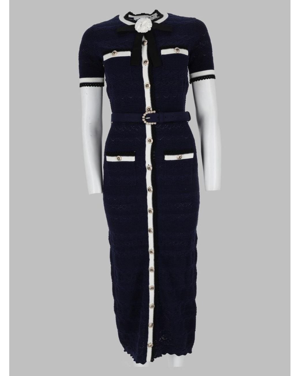 Self-Portrait Blue Midi Dress Openwork Knit Cotton