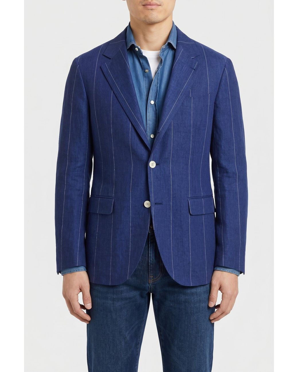 Brunello Cucinelli Blue Linen Tailored Blazer for men