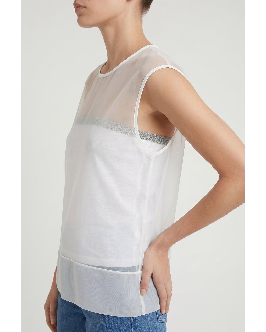 Brunello Cucinelli Blue Off Silk Sleeveless Shirt