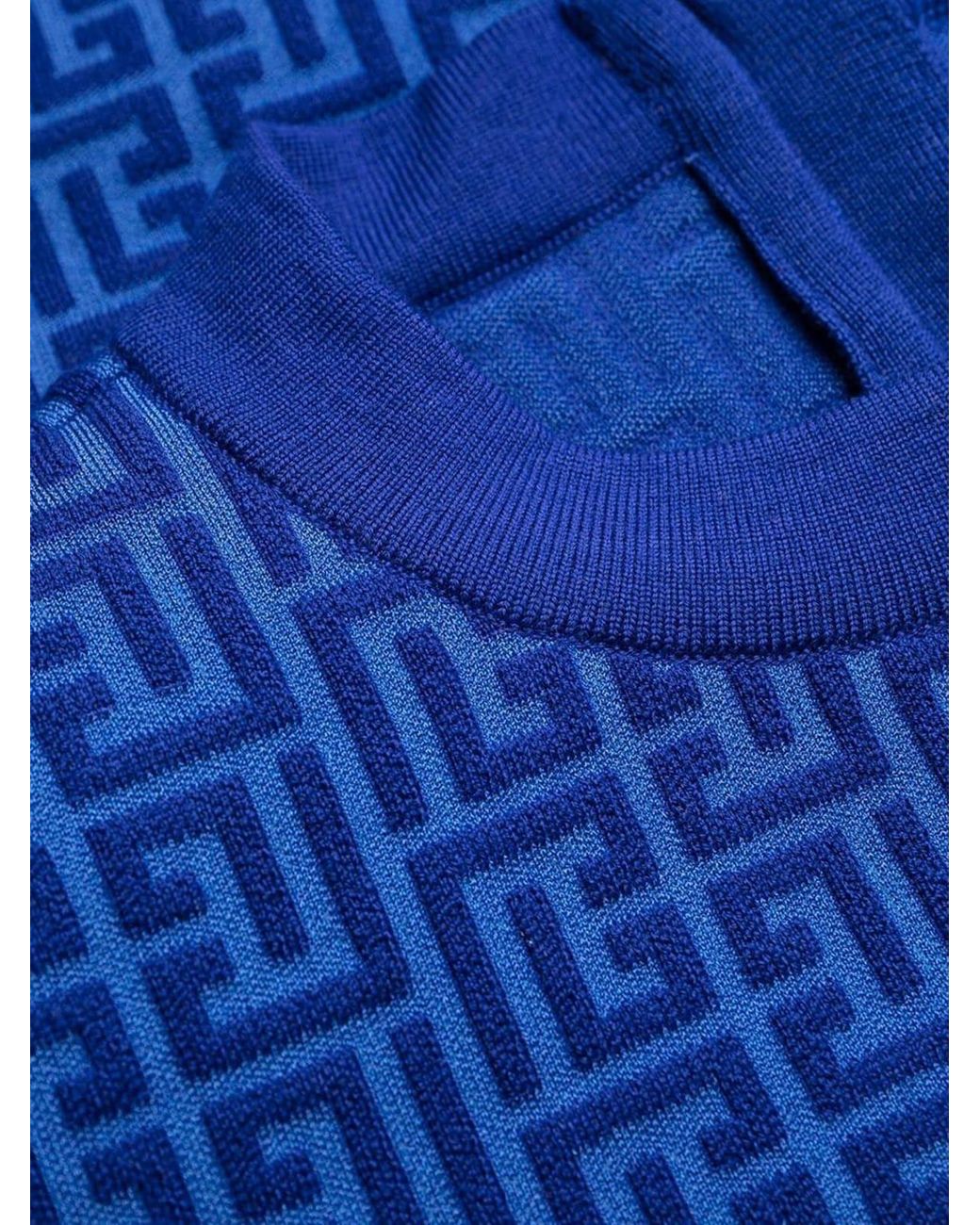 Balmain Wool Short Ls Monogram Jacquard Dress in Blue | Lyst