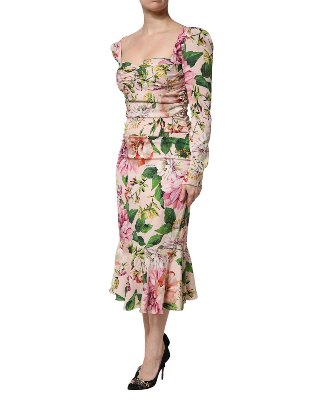 Dolce & Gabbana White Floral Silk Fit And Flared Midi Dress