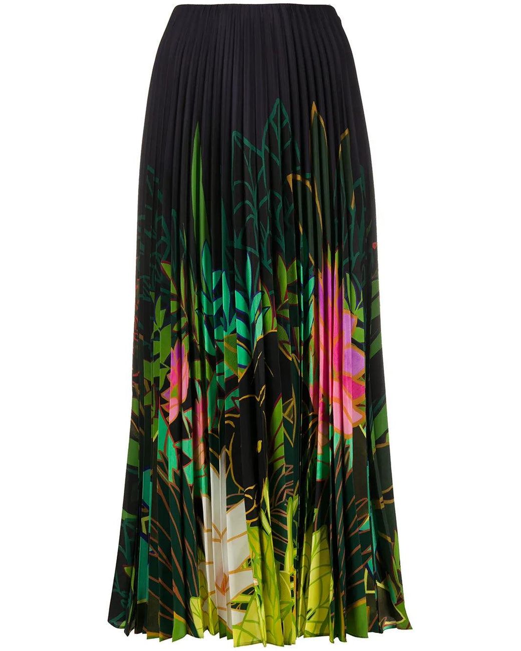 Valentino Green Pleated Floral-Print Skirt