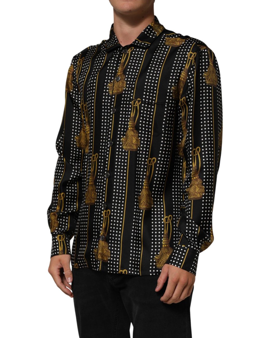 Dolce & Gabbana Black Dotted Tassel Silk Button Down Shirt for men
