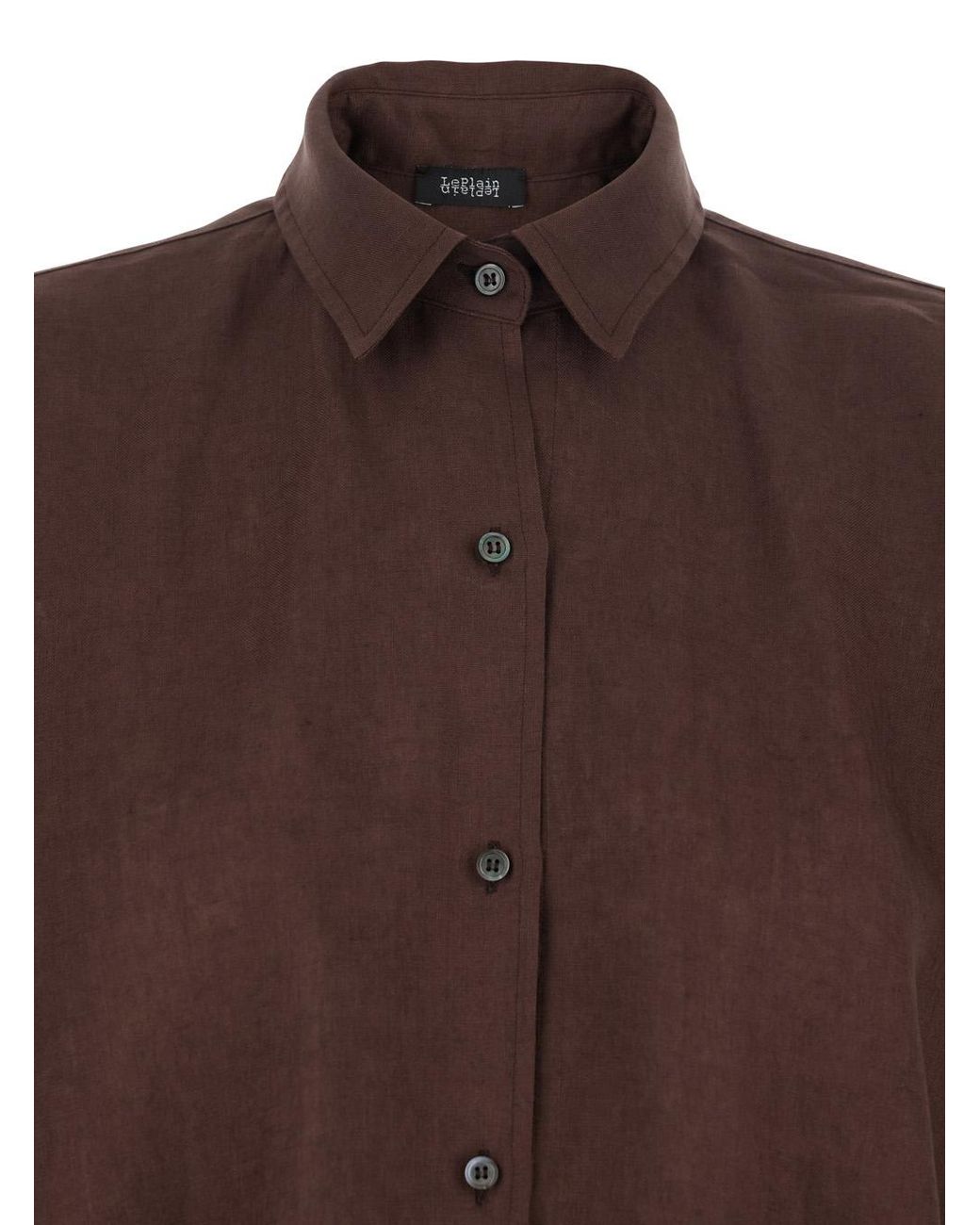 Le Plain Brown Linen Shirt With Classic Collar And Button Closure Blouses