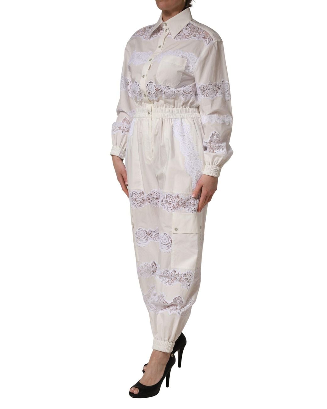 Dolce & Gabbana Gray White Cotton Lace Trim Long Sleeves Jumpsuit