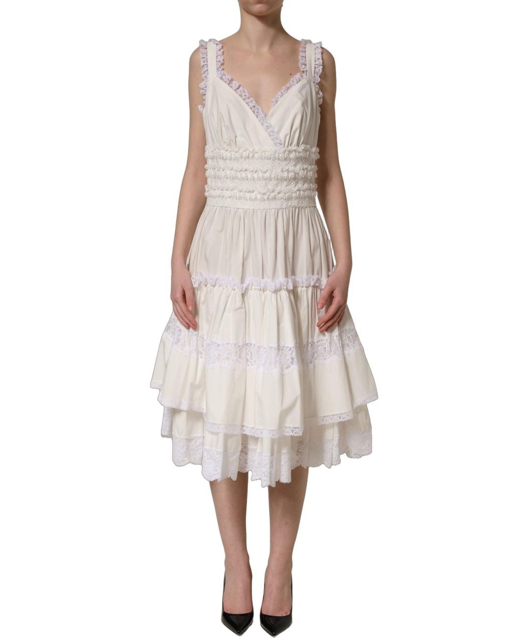 Dolce & Gabbana White Cotton Poplin Ruffled Midi Dress Nylon