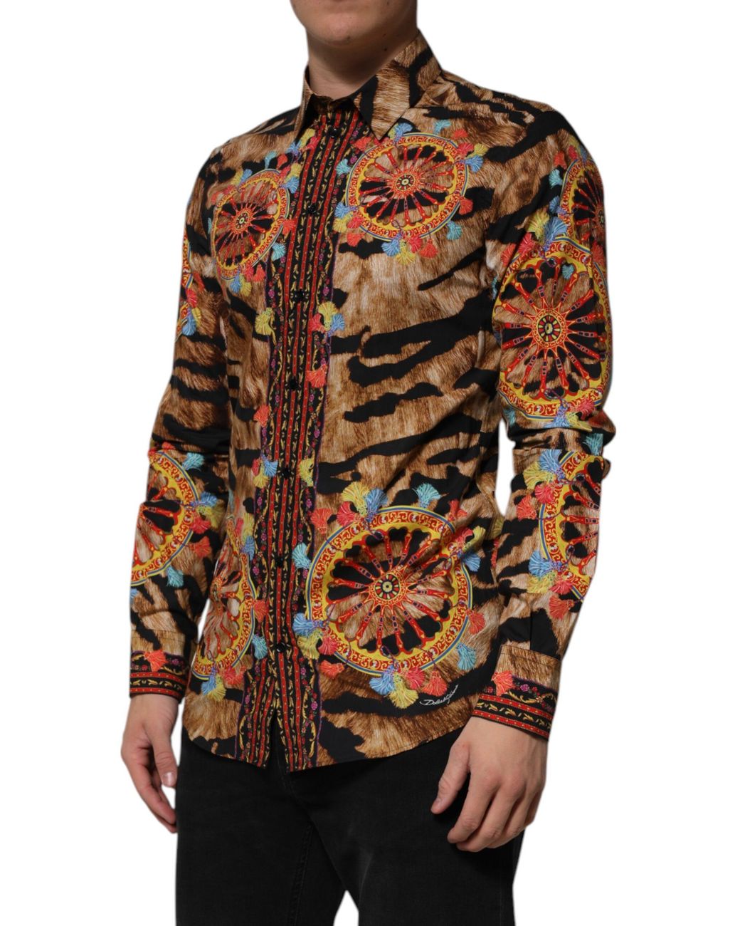 Dolce & Gabbana Brown Cotton Tiger Carretto Long Sleeve Shirt for men