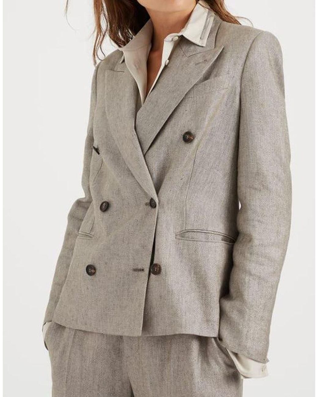 Brunello Cucinelli Gray Linen Double-Breasted Blazer