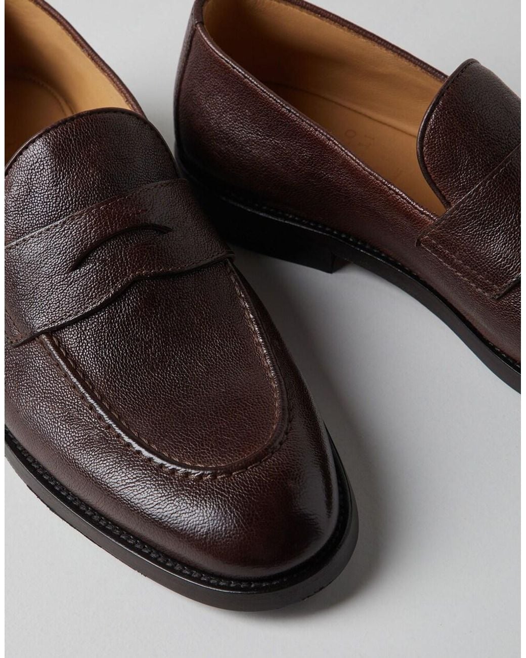 Brunello Cucinelli Brown Chestnut Leather Penny Loafer Shoe for men