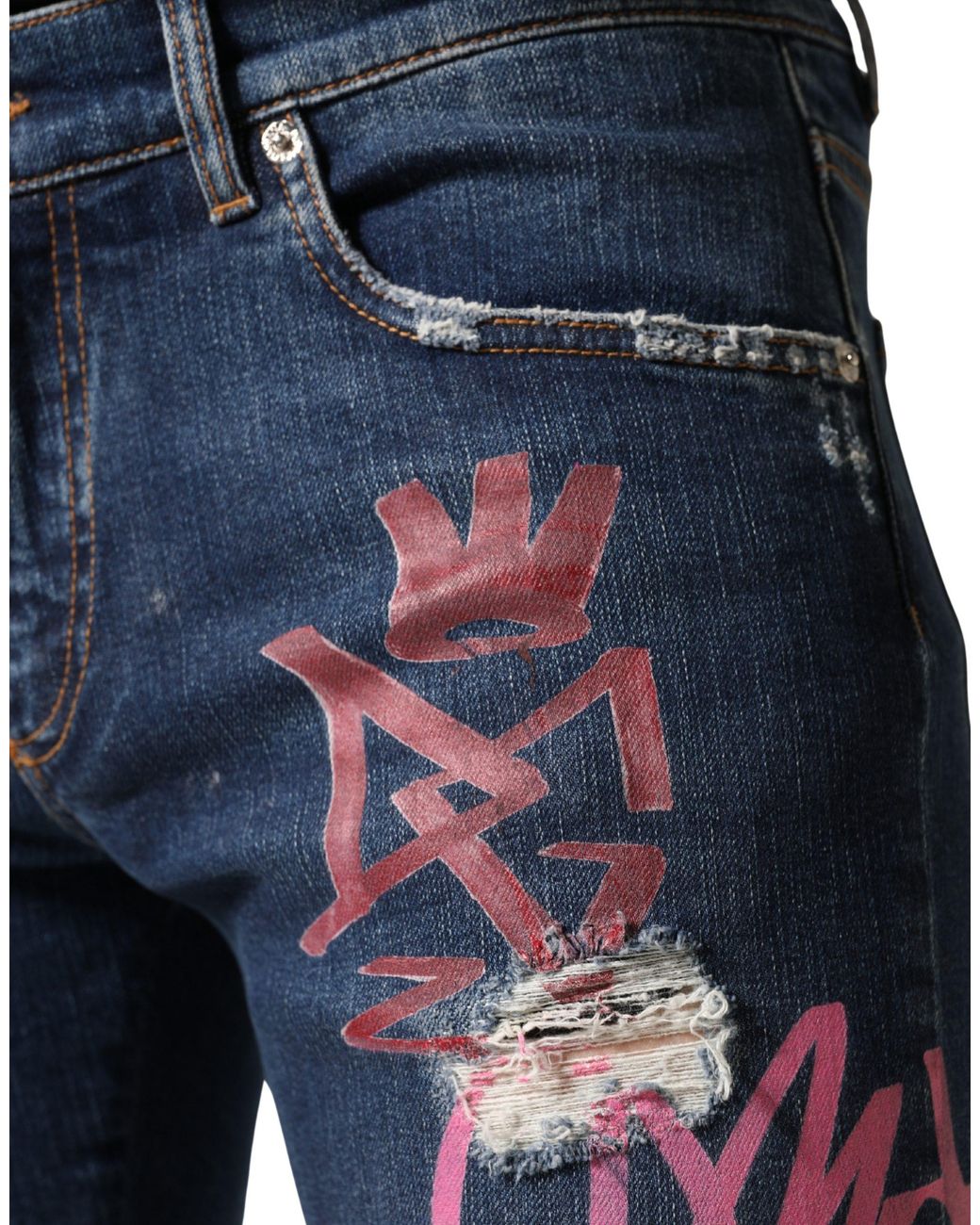 Dolce & Gabbana Blue Distressed Graffiti Print Skinny Jeans Cotton Elastane Clothing for men
