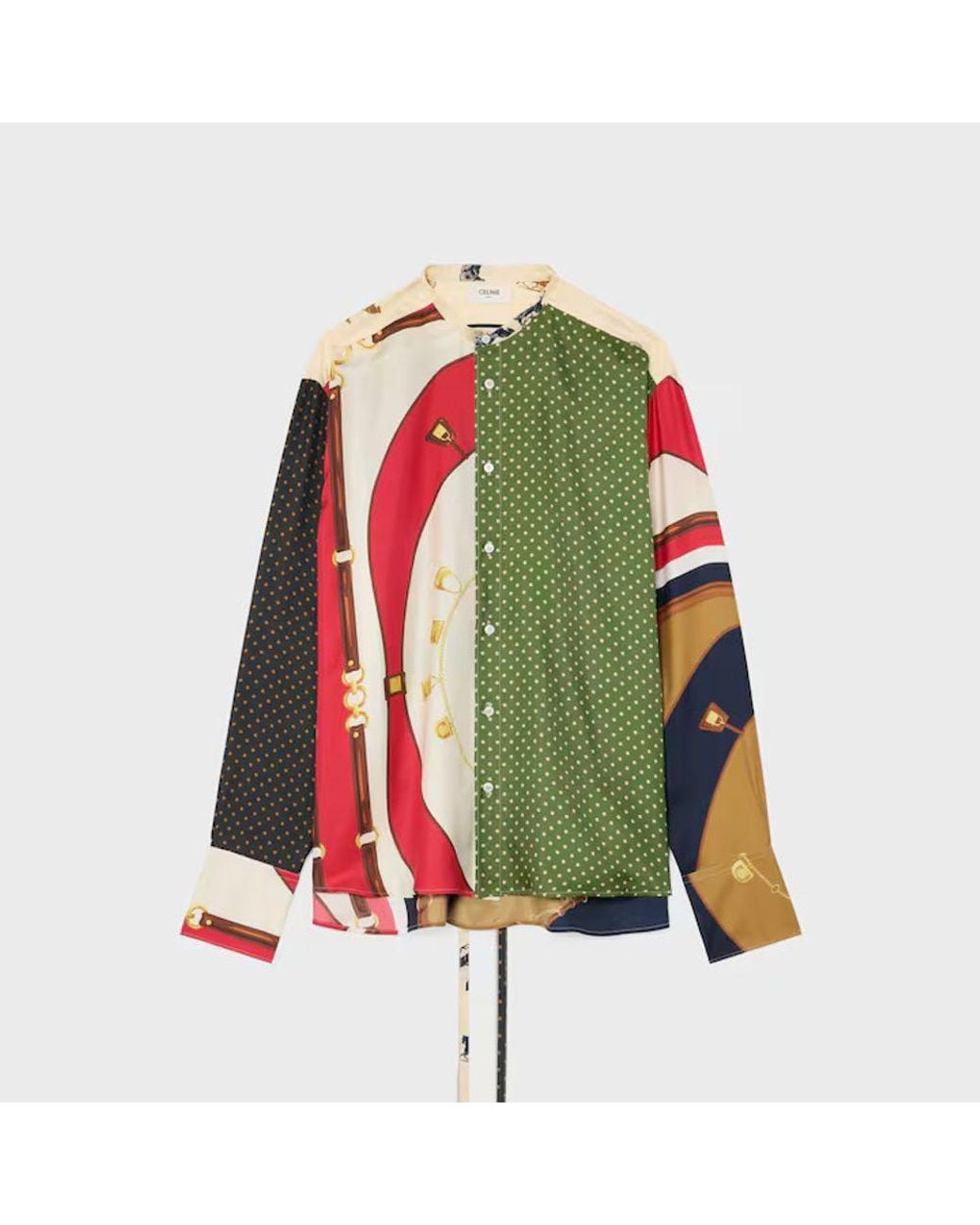 Céline Green Celine Patchwork-Print Silk Shirt — Multi