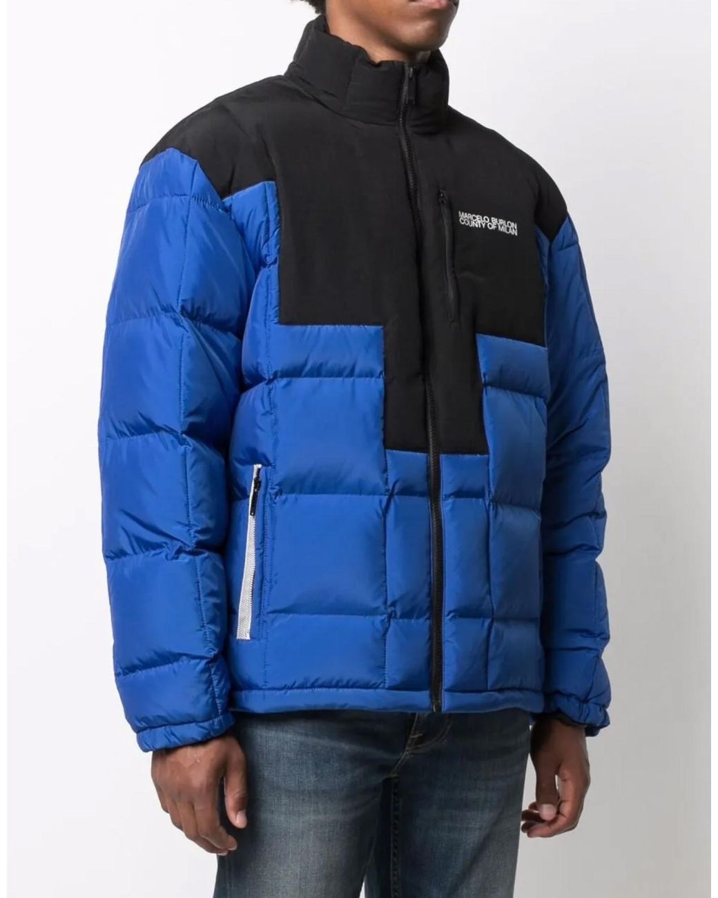 Marcelo Burlon Blue Cross Block Logo Down Jacket for men