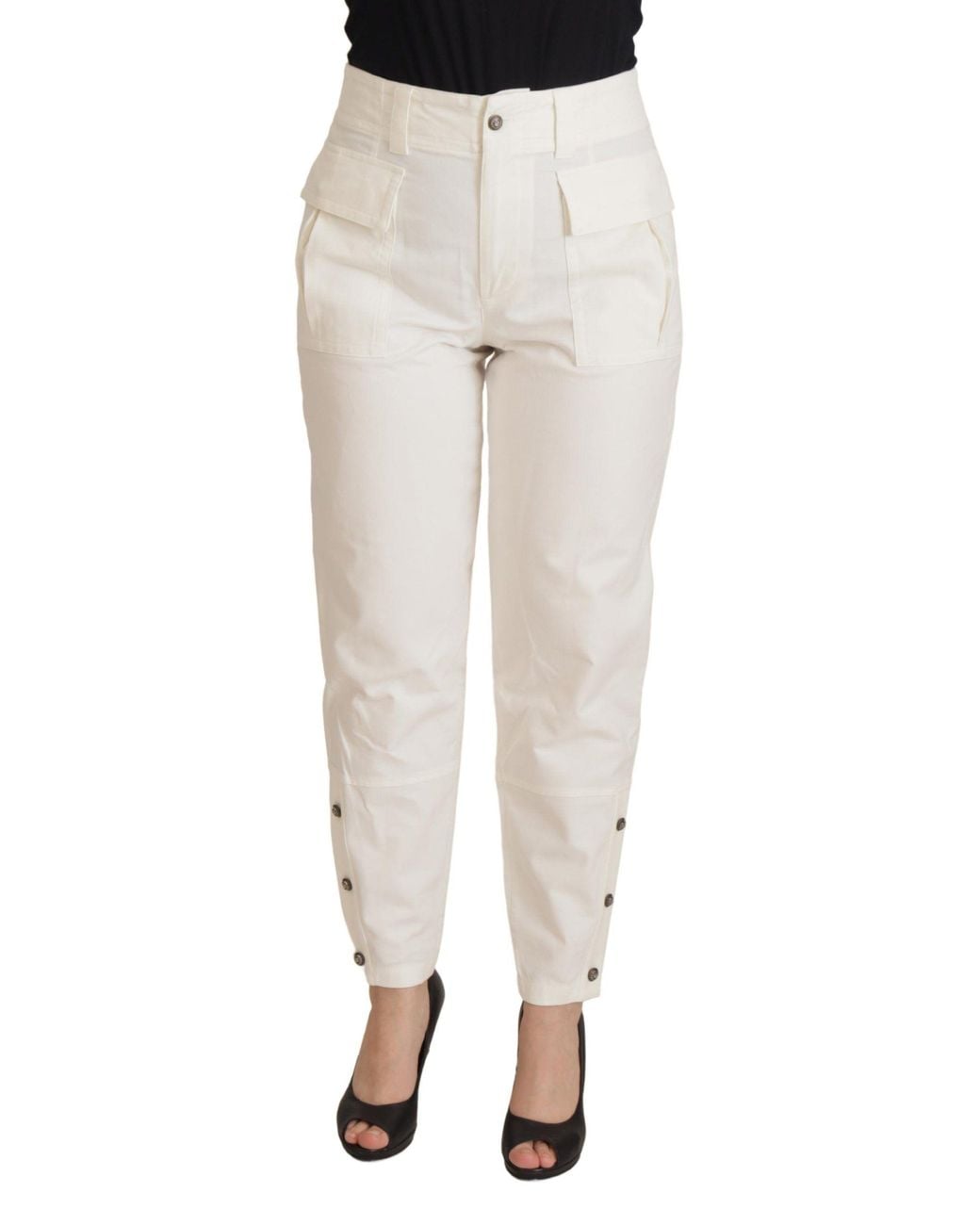 Dolce & Gabbana White High Waist Tapered Cotton Pants Elastane