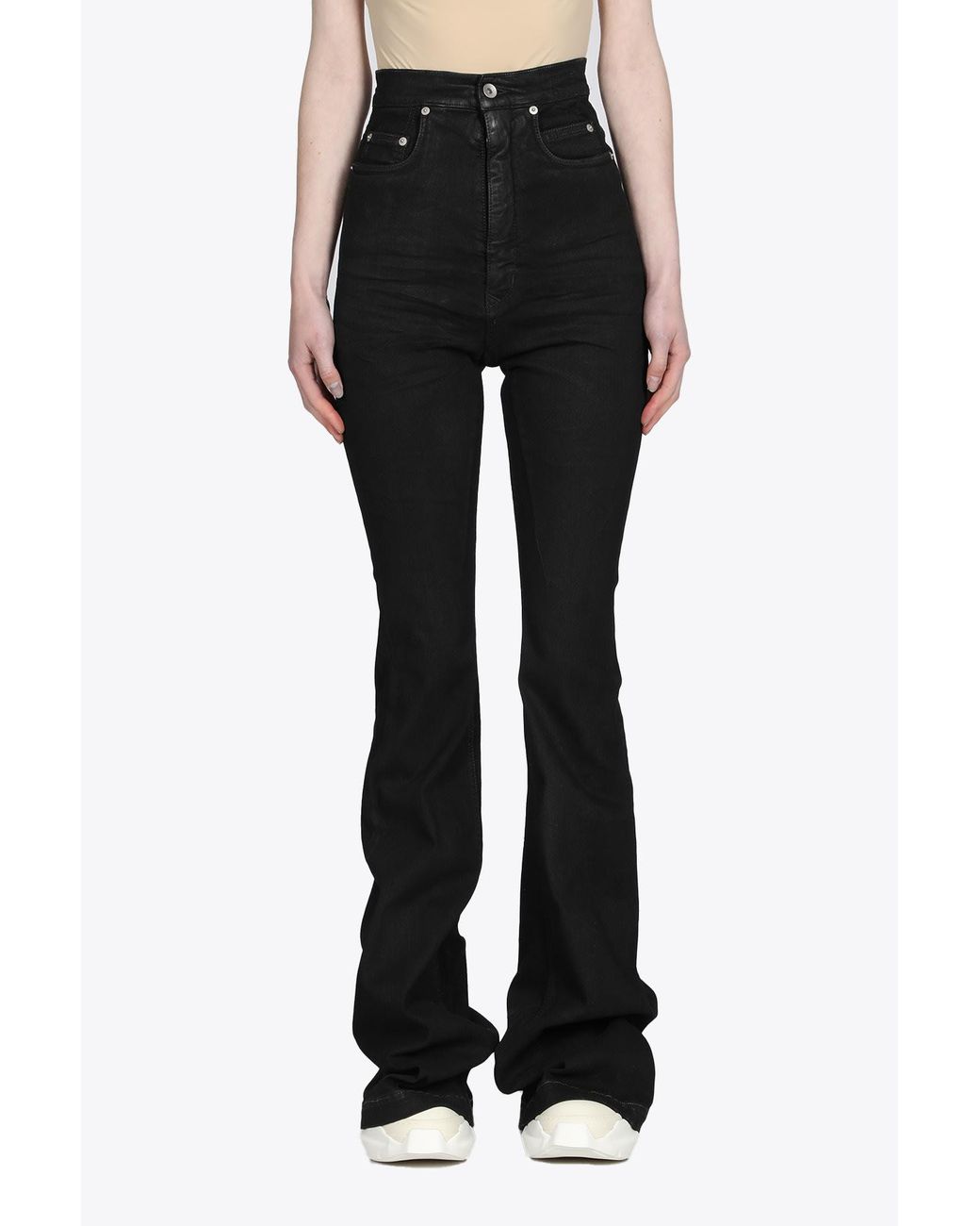 Rick Owens Bolan Bootcut Black Waxed Denim Bootcut Pant With High