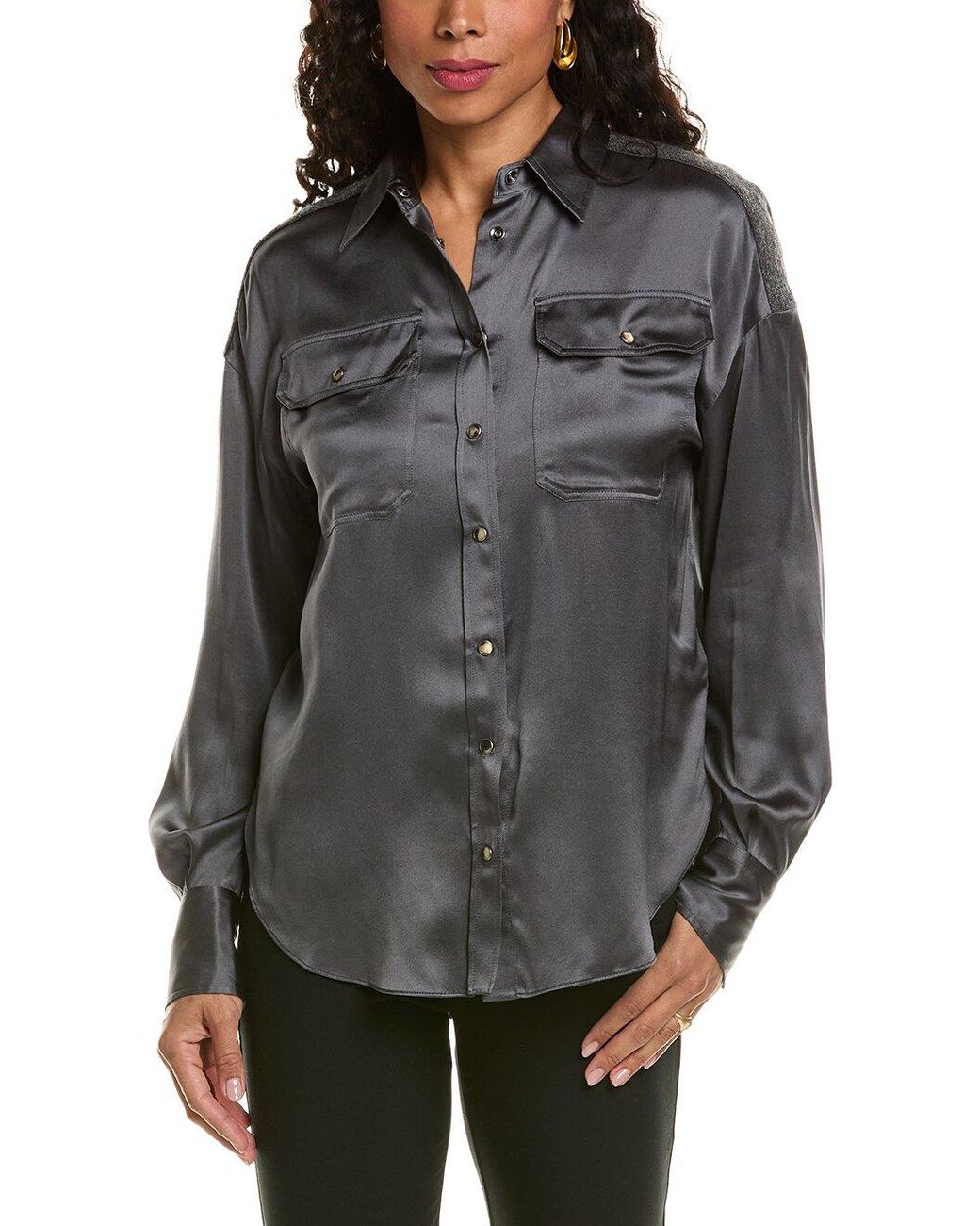 Brunello Cucinelli Gray Charcoal Silk Relaxed Shirt