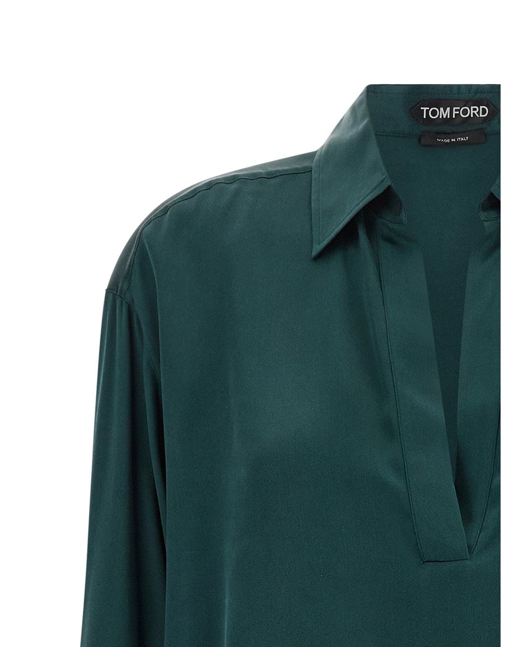 Tom Ford Green Silk Satin V-Neck Polo Shirt