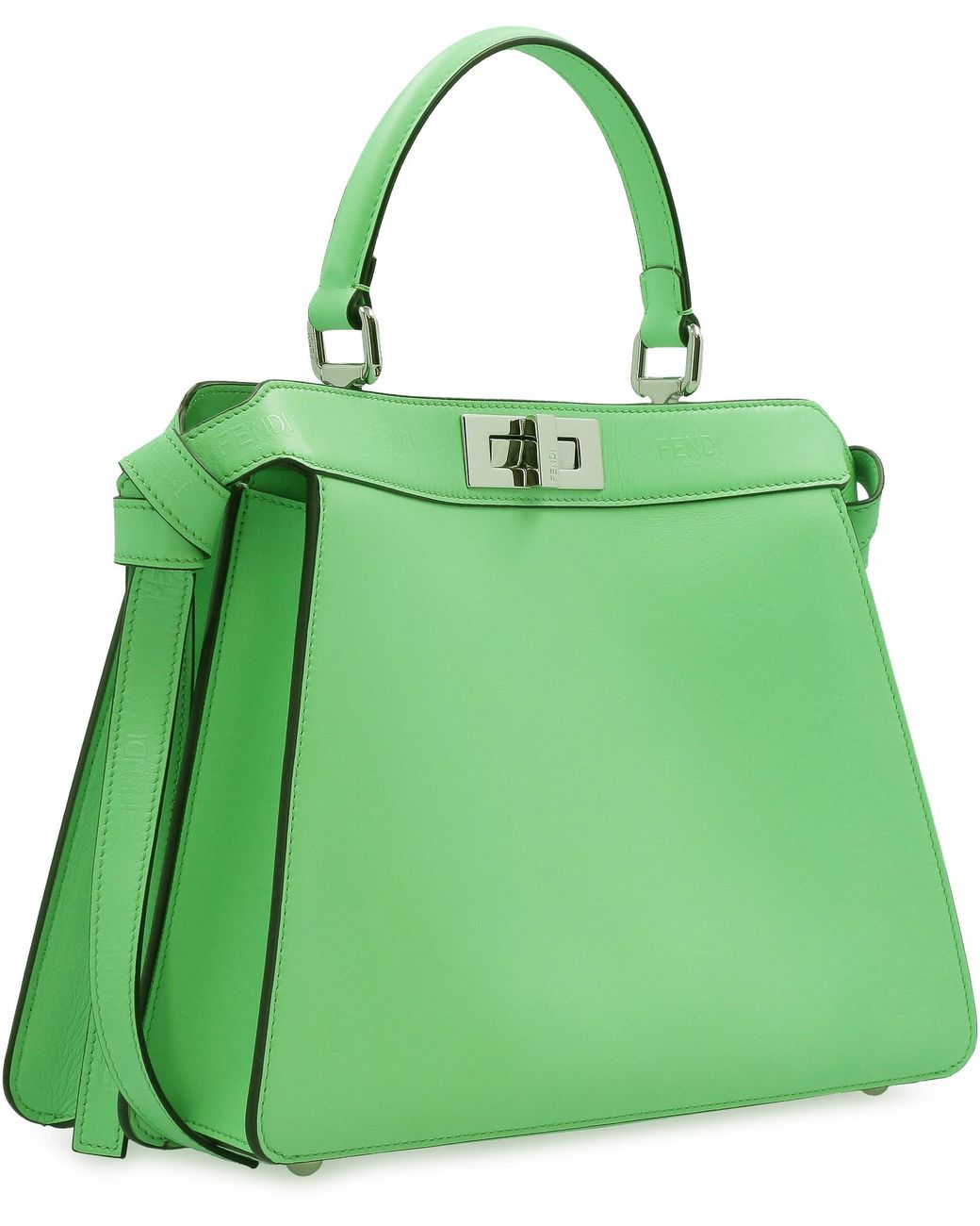 Fendi Green Leather Handbag With Metal Double Turn Lock And Removable Shoulder Strap