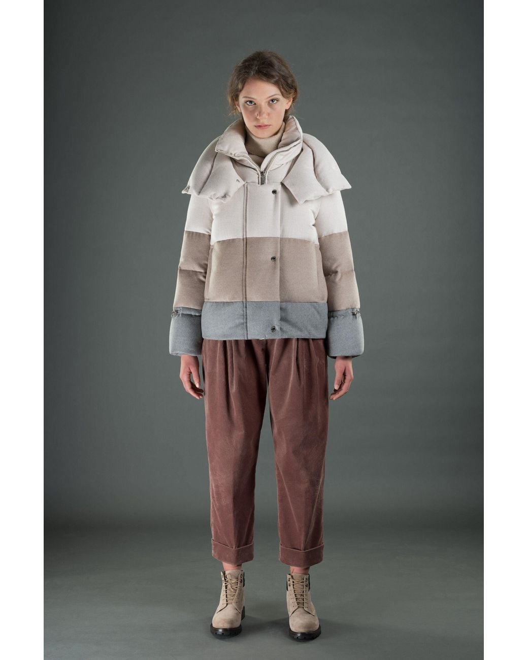 Moorer Gray Colorblock Puffer Jacket With Scarf