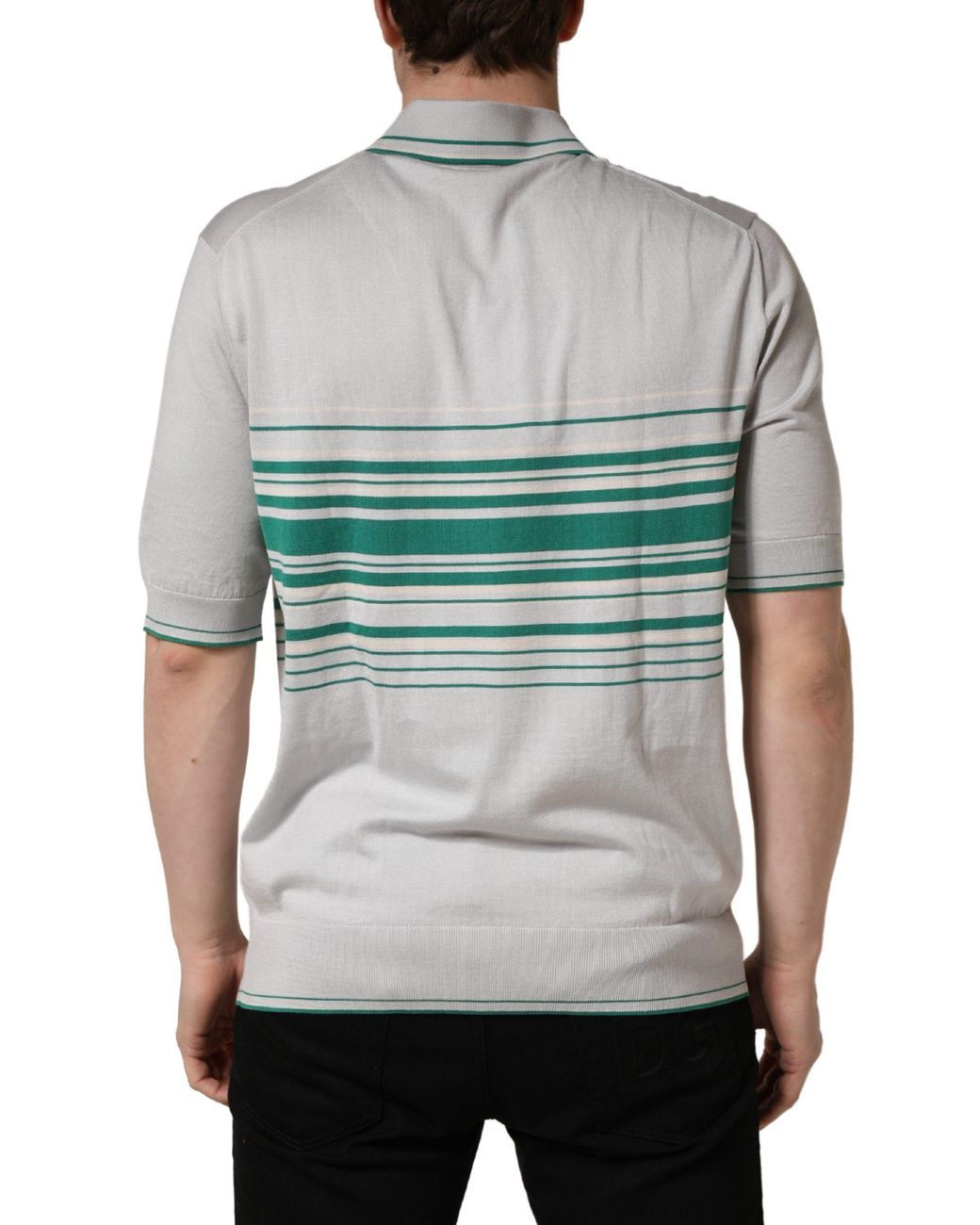 Dolce & Gabbana Gray Green Striped Logo Silk Polo T for men