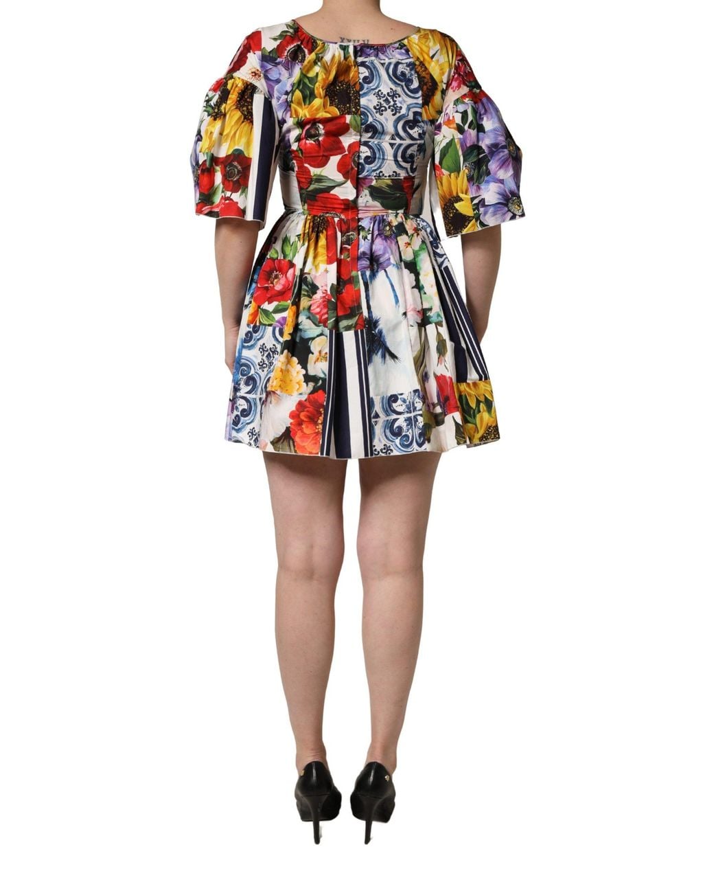 Dolce & Gabbana Blue Patchwork Cotton Poplin Mini Dress