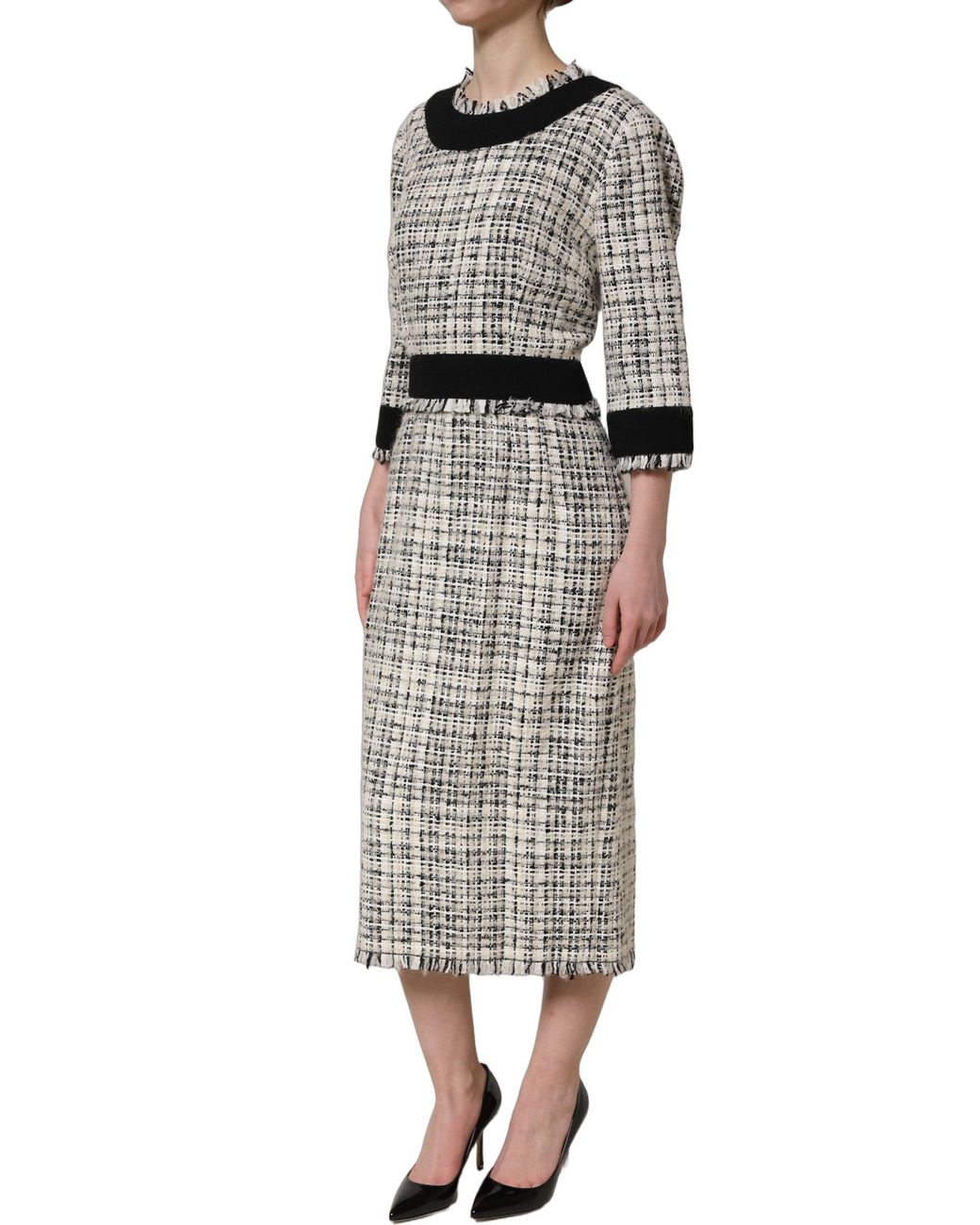 Dolce & Gabbana Gray Bouclé Tweed Frayed Trim Midi Dress