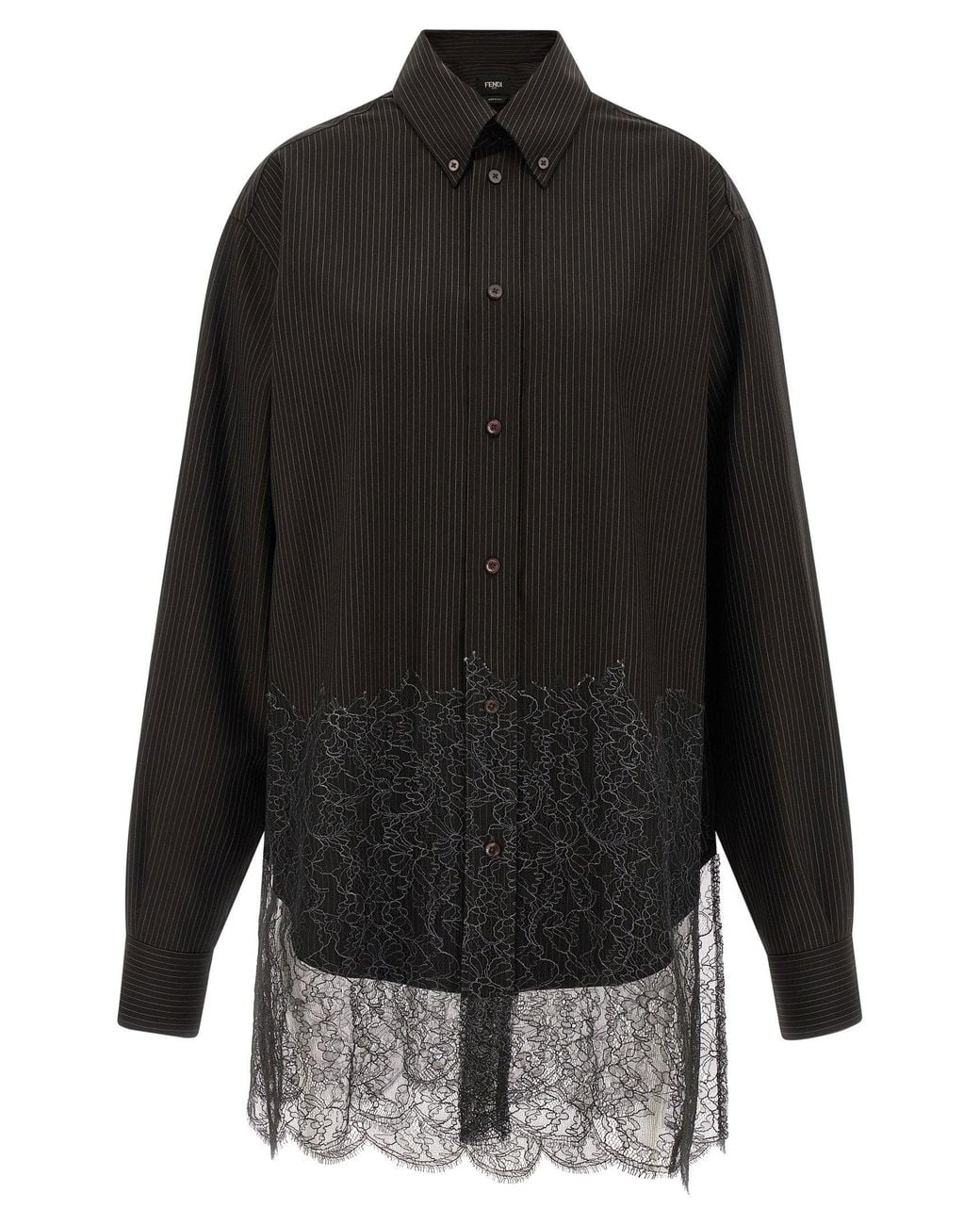 Fendi Black Pinstripe Wool With Lace Trim Shirt