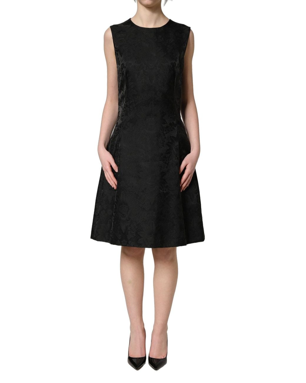 Dolce & Gabbana Black Floral Jacquard Sleeveless A-Line Dress Nylon