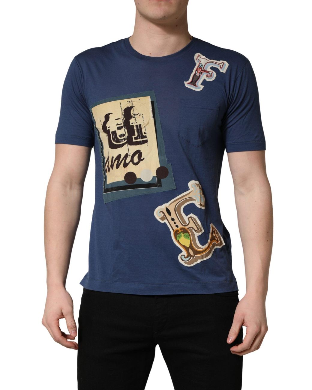 Dolce & Gabbana Blue Dolce & Gabbana Logo-Embroidered Cotton-Silk Blend T-Shirt for men