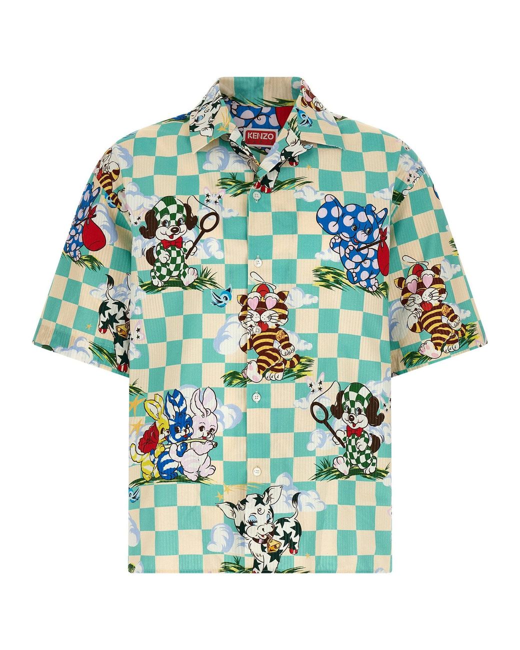 KENZO Green Cartoon-Print Hawaiian Cotton Shirt