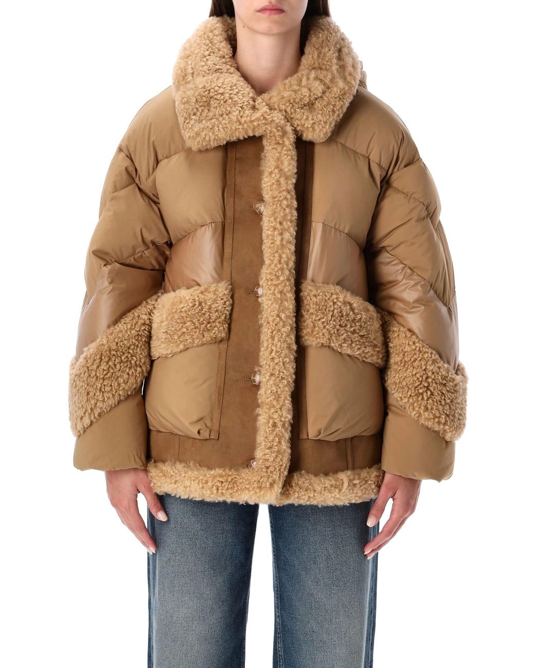 Urbancode Camel Short Puffer Jacket With Faux Shearling in Brown | Lyst