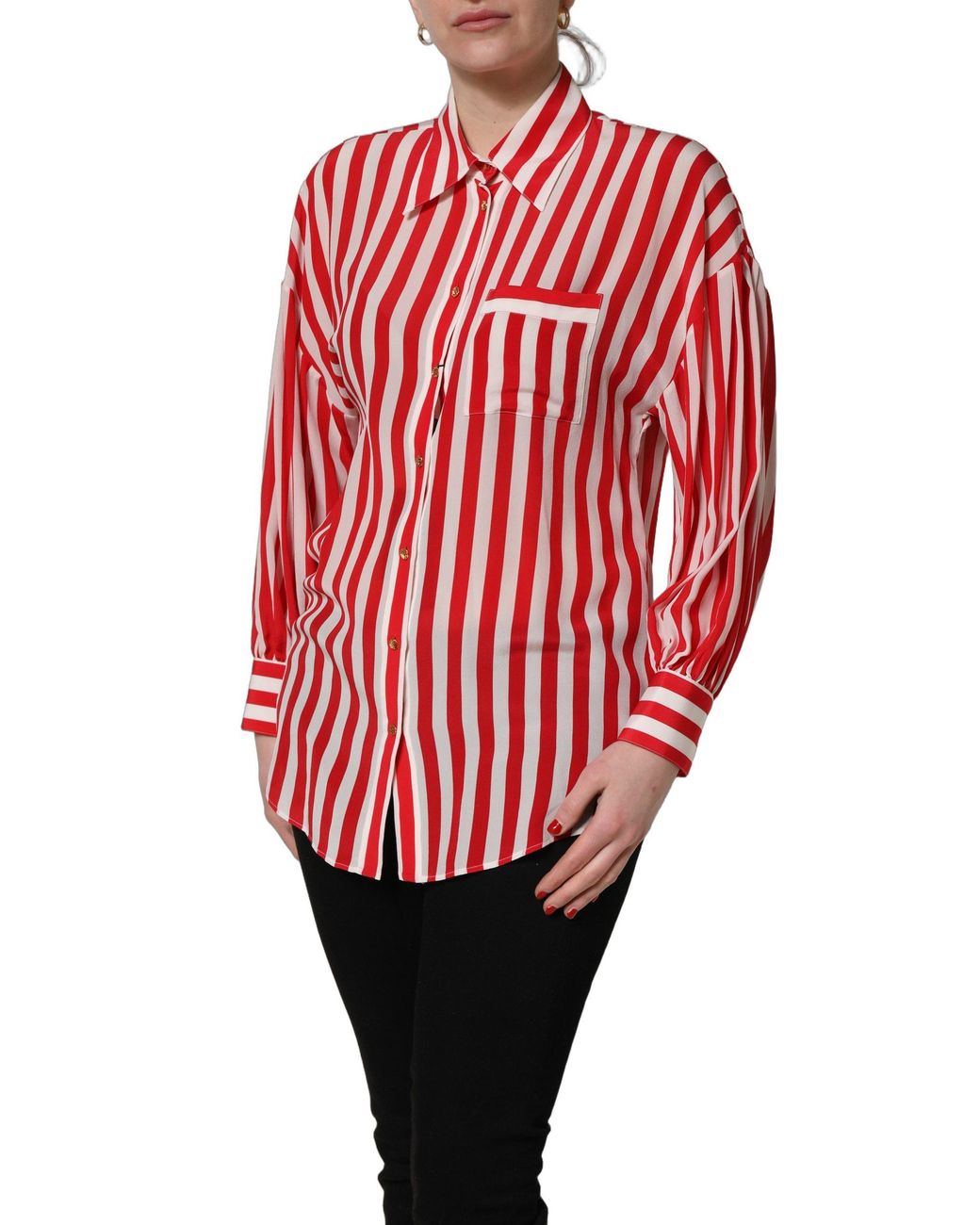 Dolce & Gabbana Red Striped Long Sleeve Silk Blouse Top And