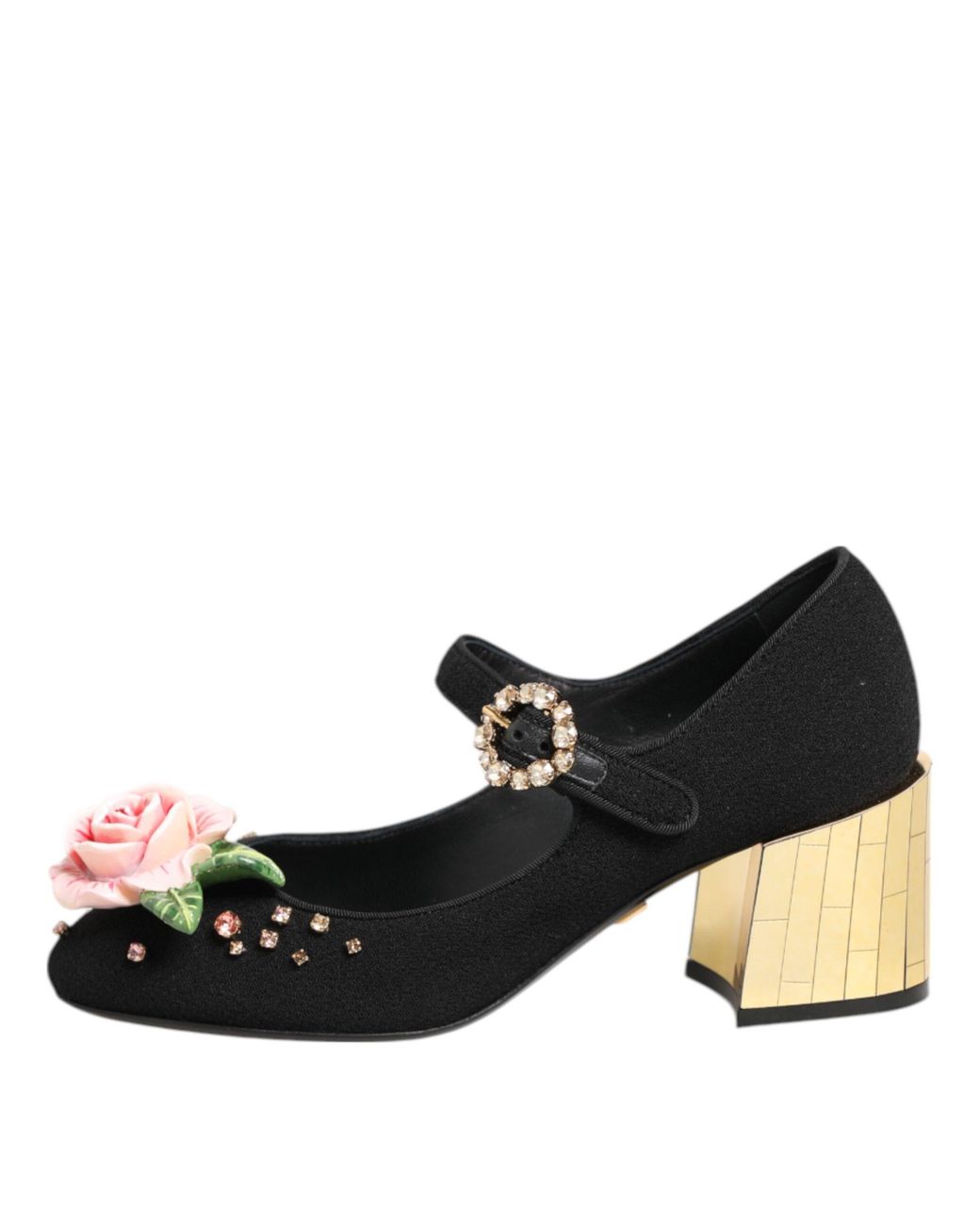 Dolce & Gabbana Black Flower Crystal Embellished Mary Jane Shoes Wool Rayon Goat Skin