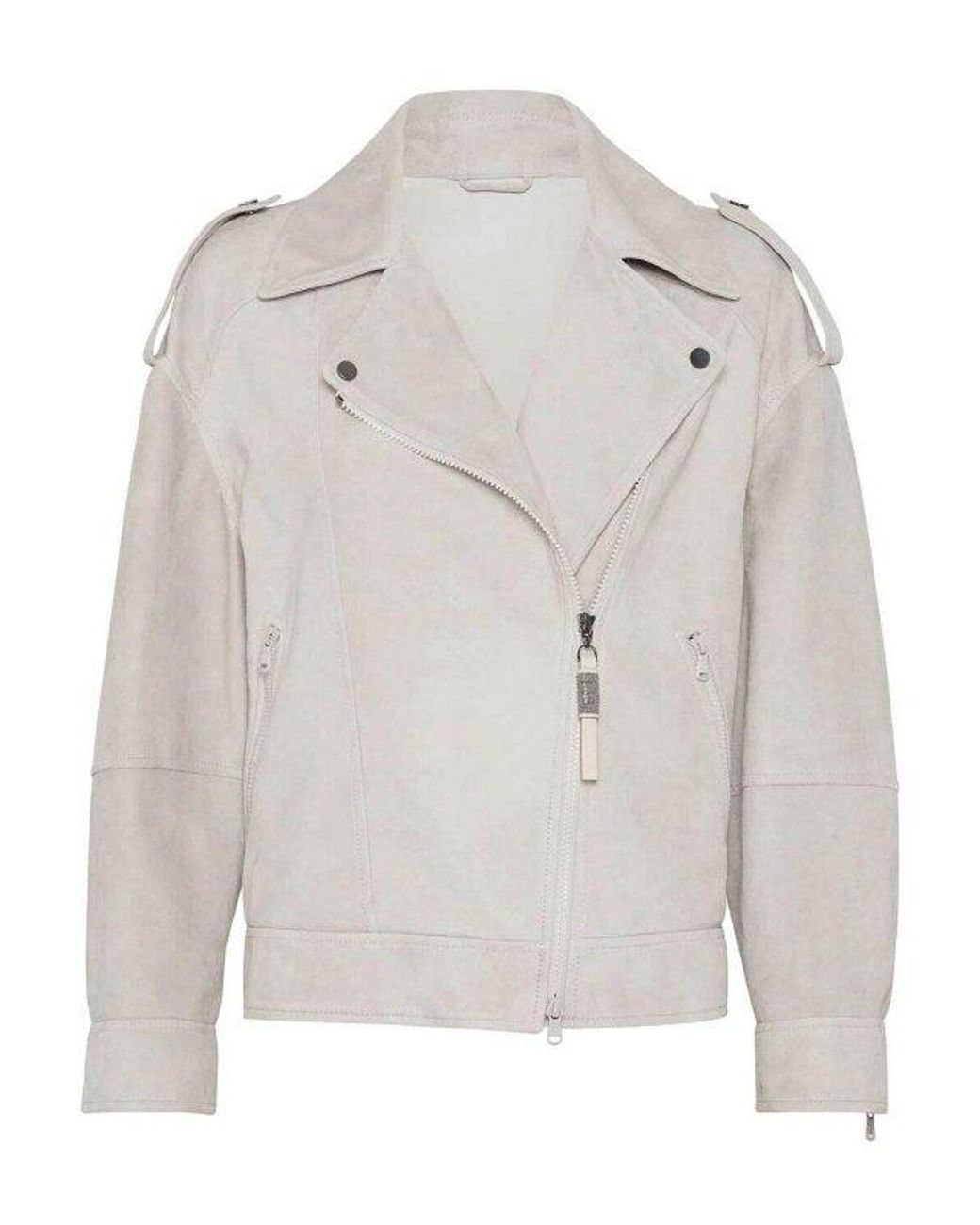 Brunello Cucinelli Gray Light Leather Biker Jacket