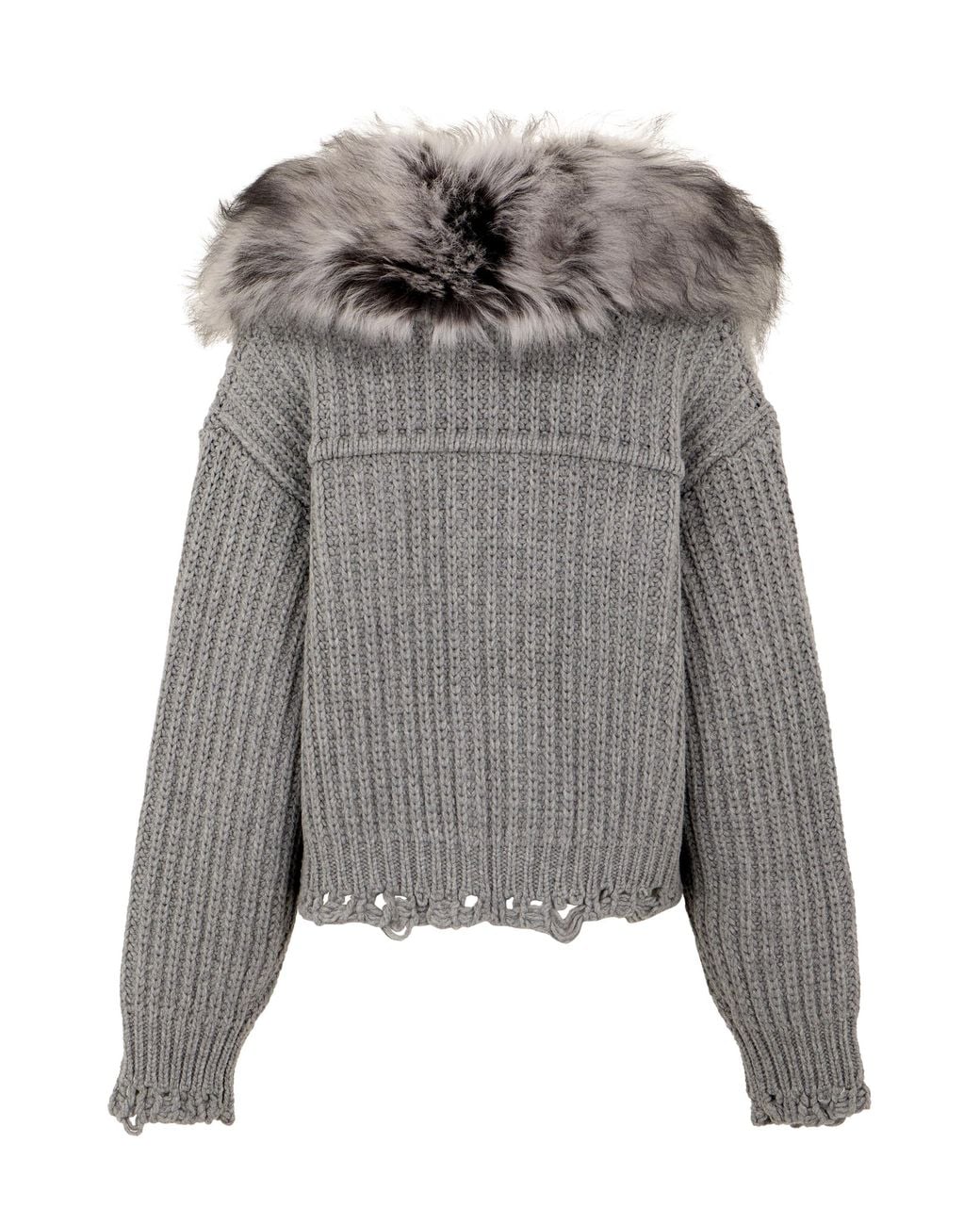 Blumarine Gray Cardigan With Fur Collar, Wool Cardigans