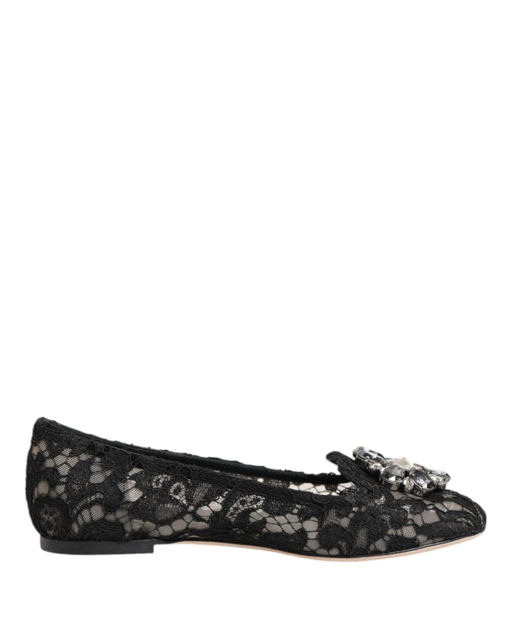 Dolce & Gabbana Black Lace Flat Shoes Crystal