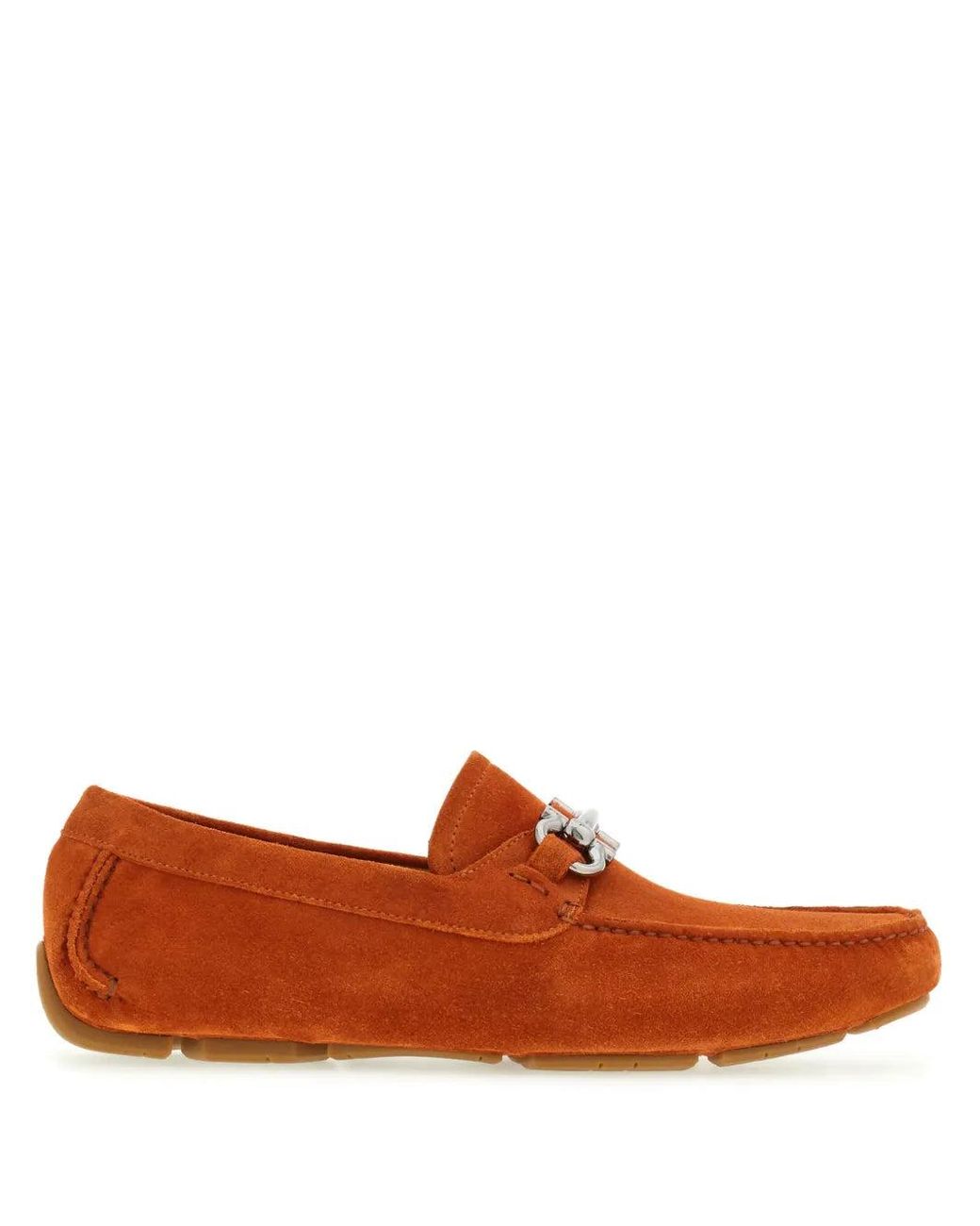 Ferragamo Orange Gancini Suede Driving Shoes 020350768076 Loafers for men