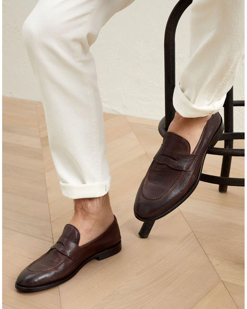Brunello Cucinelli Brown Chestnut Leather Penny Loafer Shoe for men
