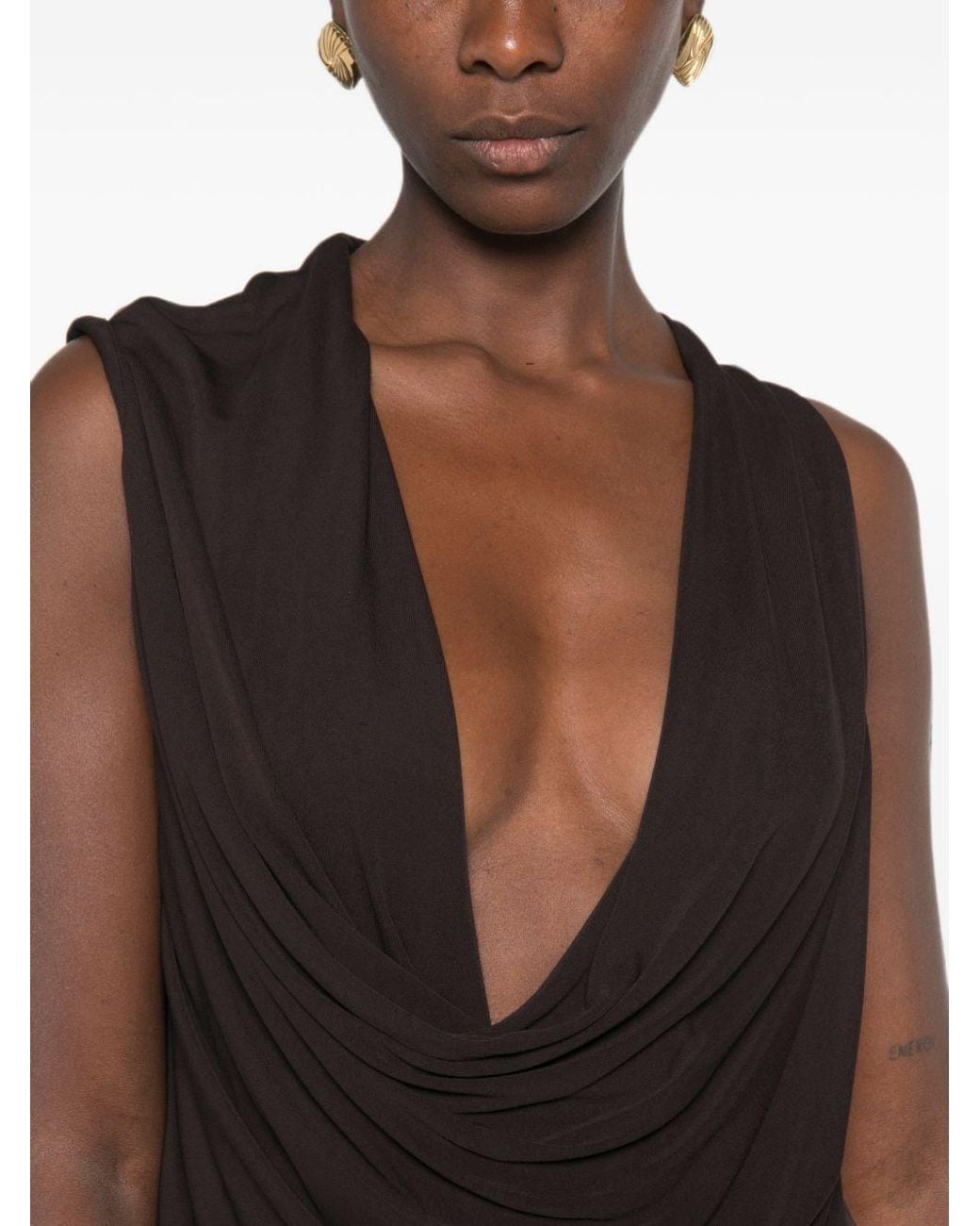Tom Ford Black Long Coffee-Colored Viscose Jersey Crêpe Draped Evening Gown With Cowl Neckline