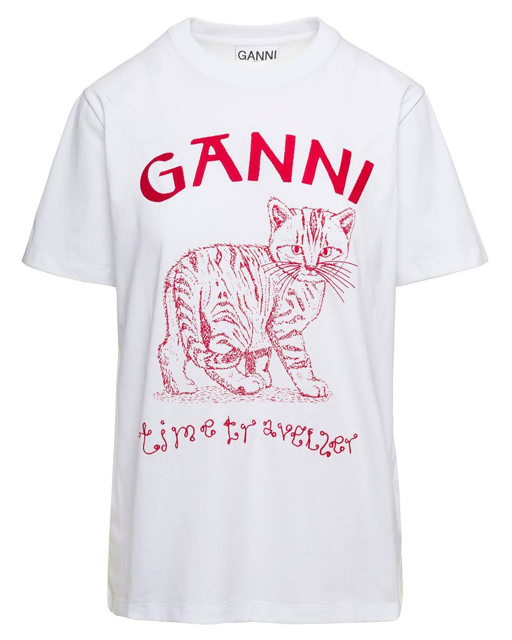 Ganni White T-shirt With Time Traveller Cat Logo Print In Organic