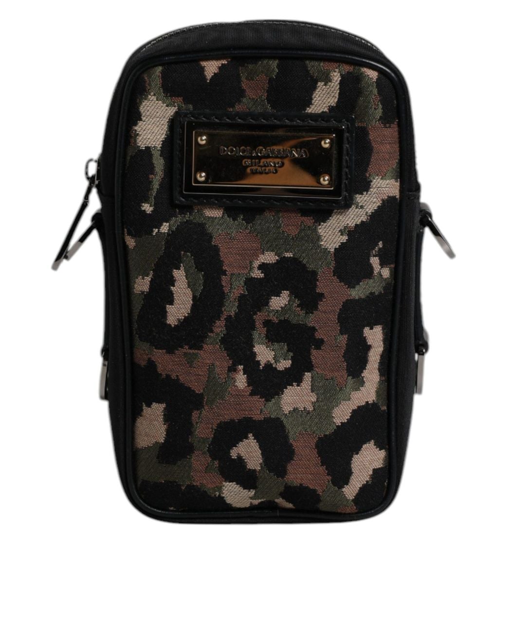 Dolce & Gabbana Black Multicolor Leopard Jacquard Logo Plaque Neck Strap Bag for men