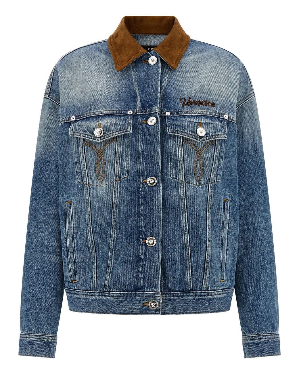 Versace Blue Suede Collar Denim Jacket