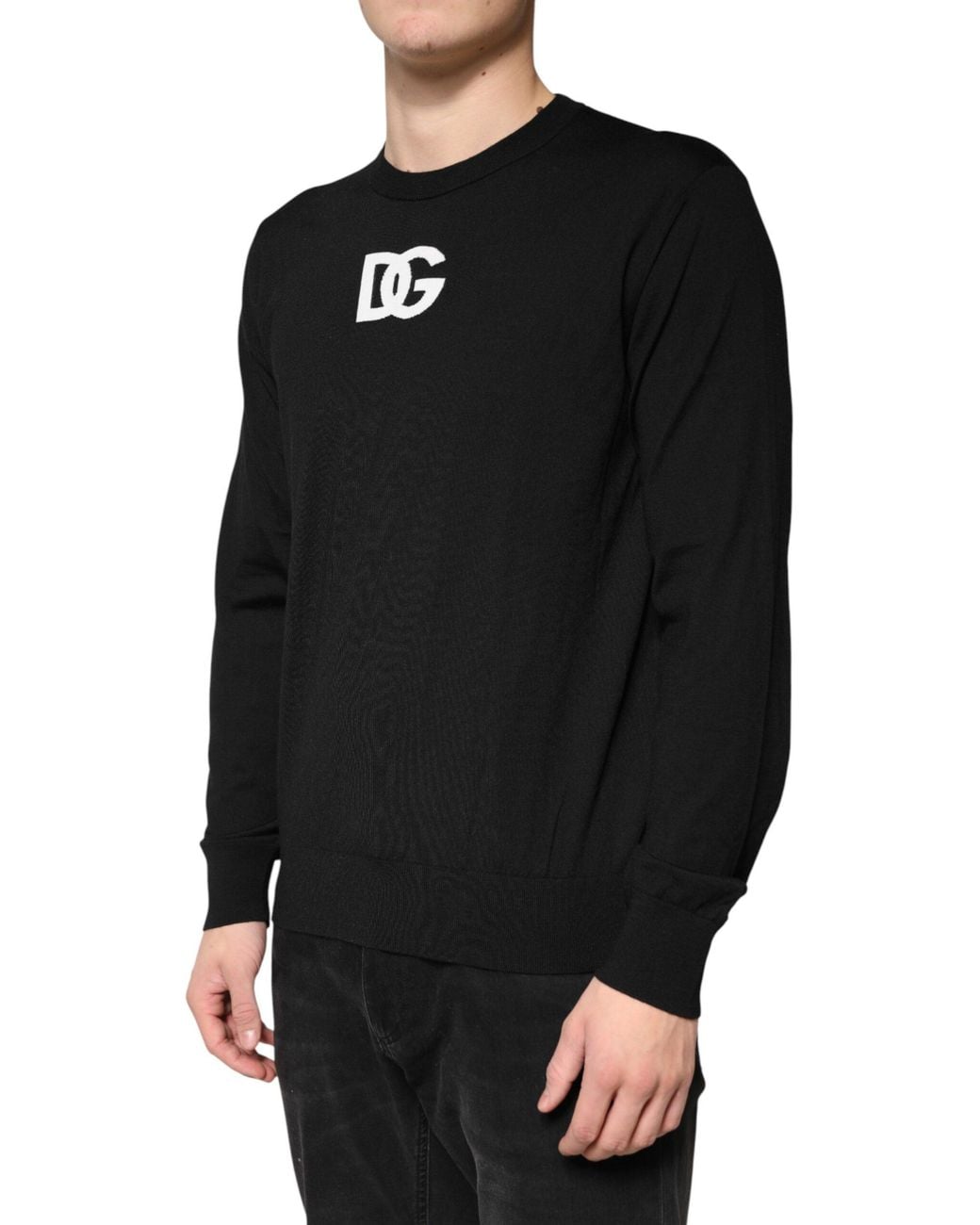 Dolce & Gabbana Black Wool Dg Crew Neck Pullover Sweater Pl+Wv Clothing for men