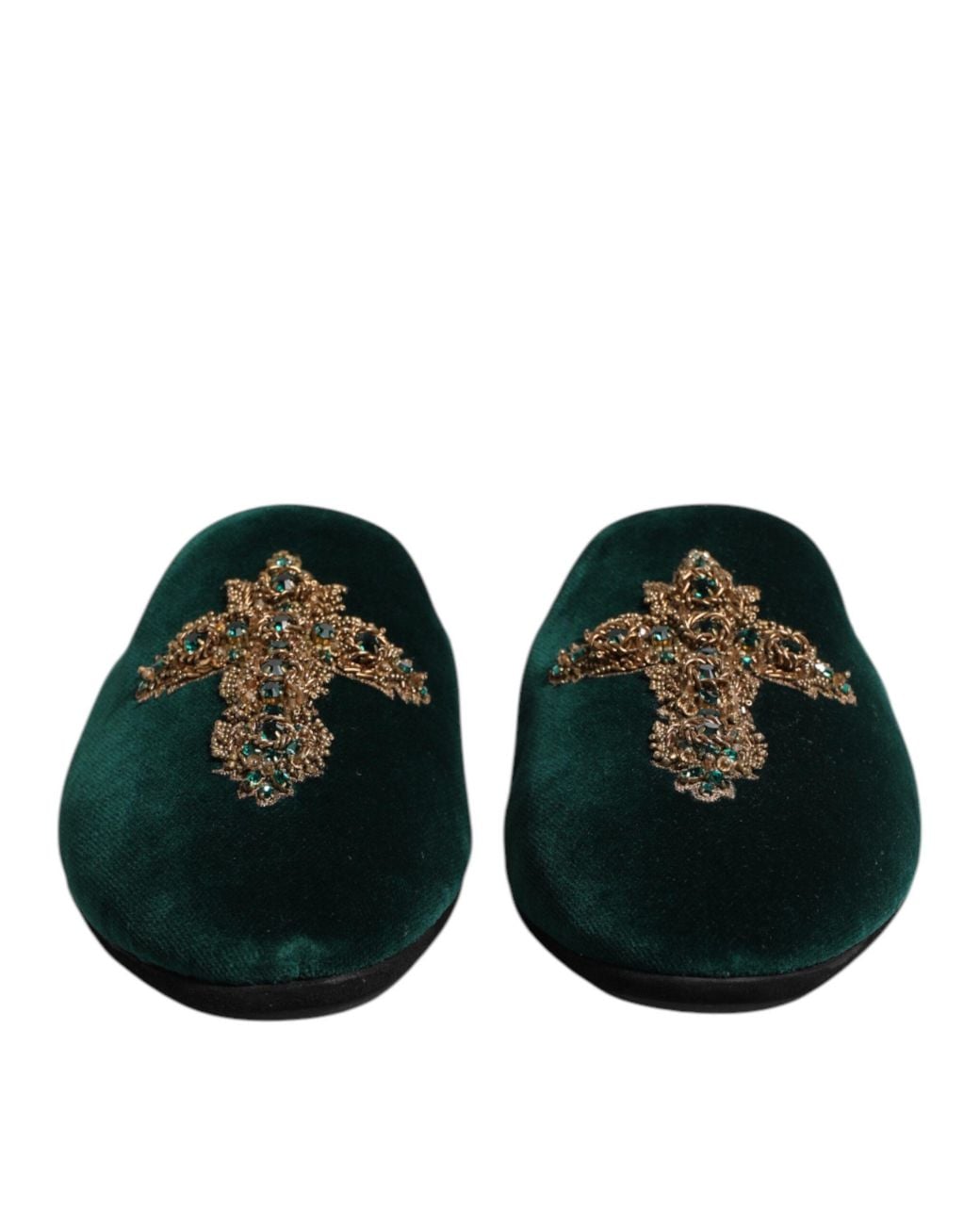 Dolce & Gabbana Green Velvet Cross Embellished Slippers Shoes for men