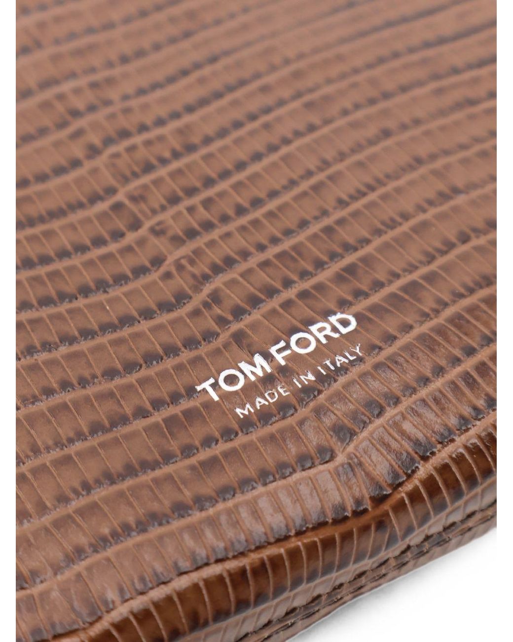 Tom Ford Brown Caramel-Colored Lizard-Printed Calf Leather Minimal Clutch With Wrist Strap for men