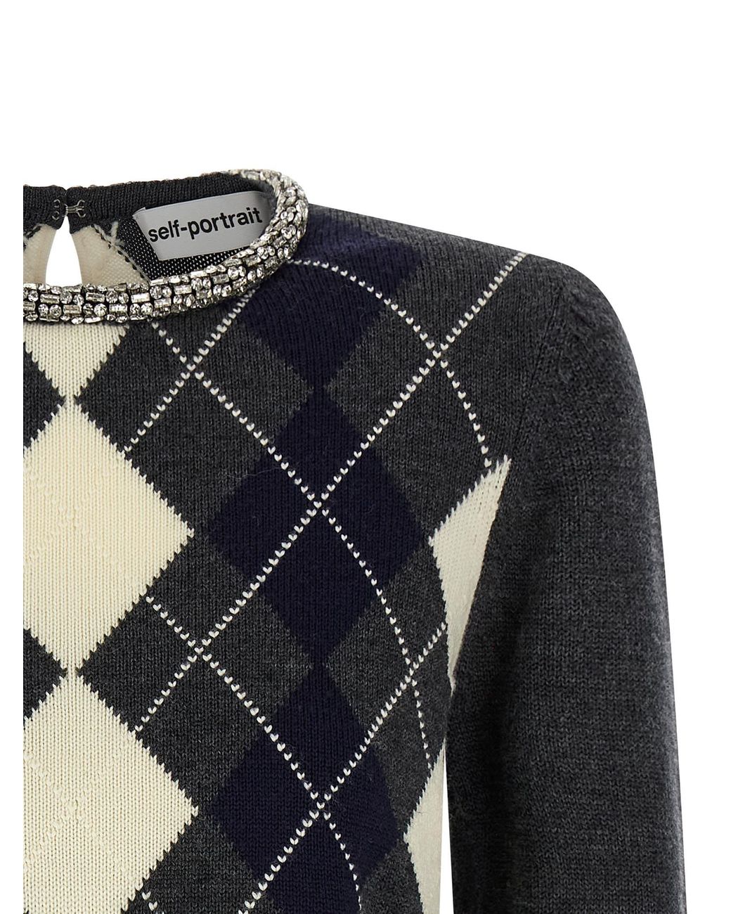 Self-Portrait Argyle Crystal Trim' Sweater in Black | Lyst